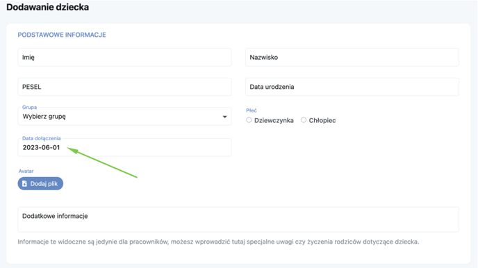 Data dołączenia oraz data przyjęcia do placówki1