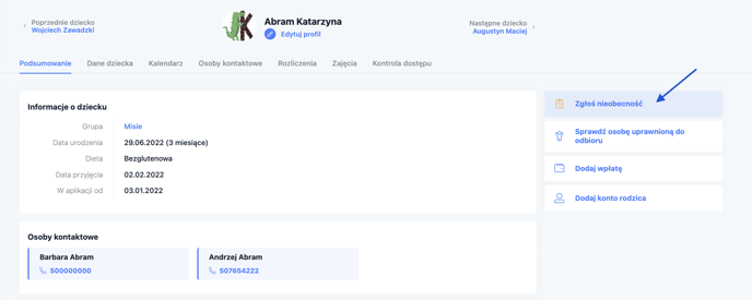 Jak dodać zgłoszenie nieobecności dziecka z poziomu placówki3