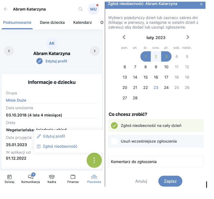 Jak dodać zgłoszenie nieobecności dziecka z poziomu placówki7